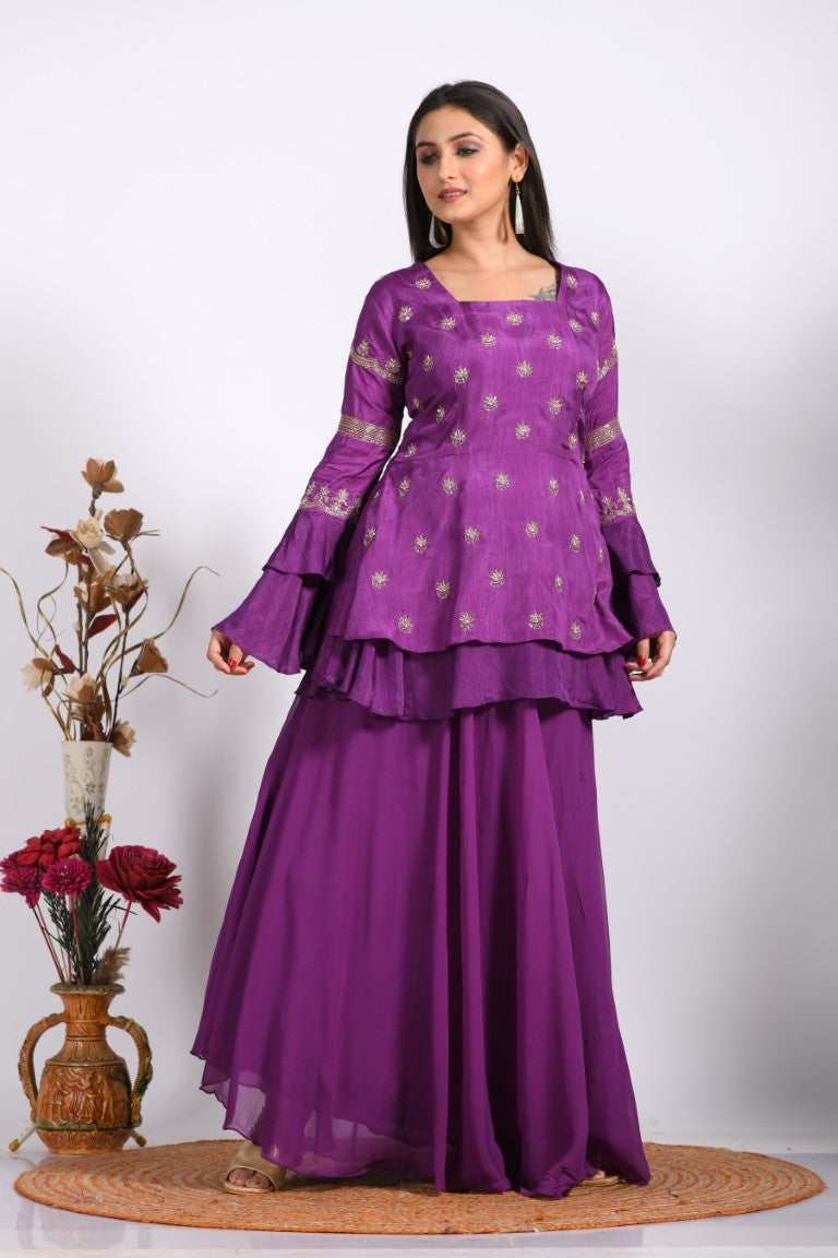Morchari Long Jacket With Skirt & Hand Embroidery - Purple