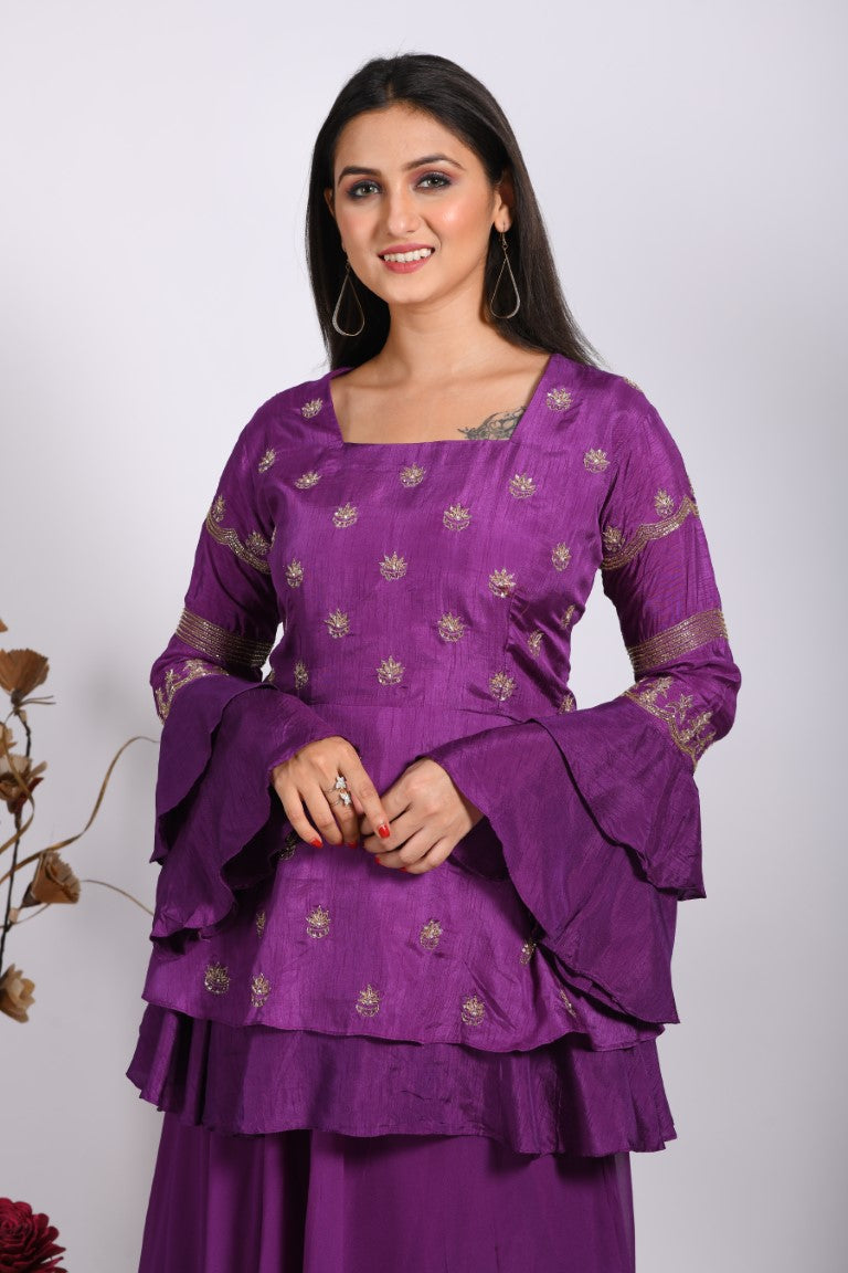 Morchari Long Jacket With Skirt & Hand Embroidery - Purple
