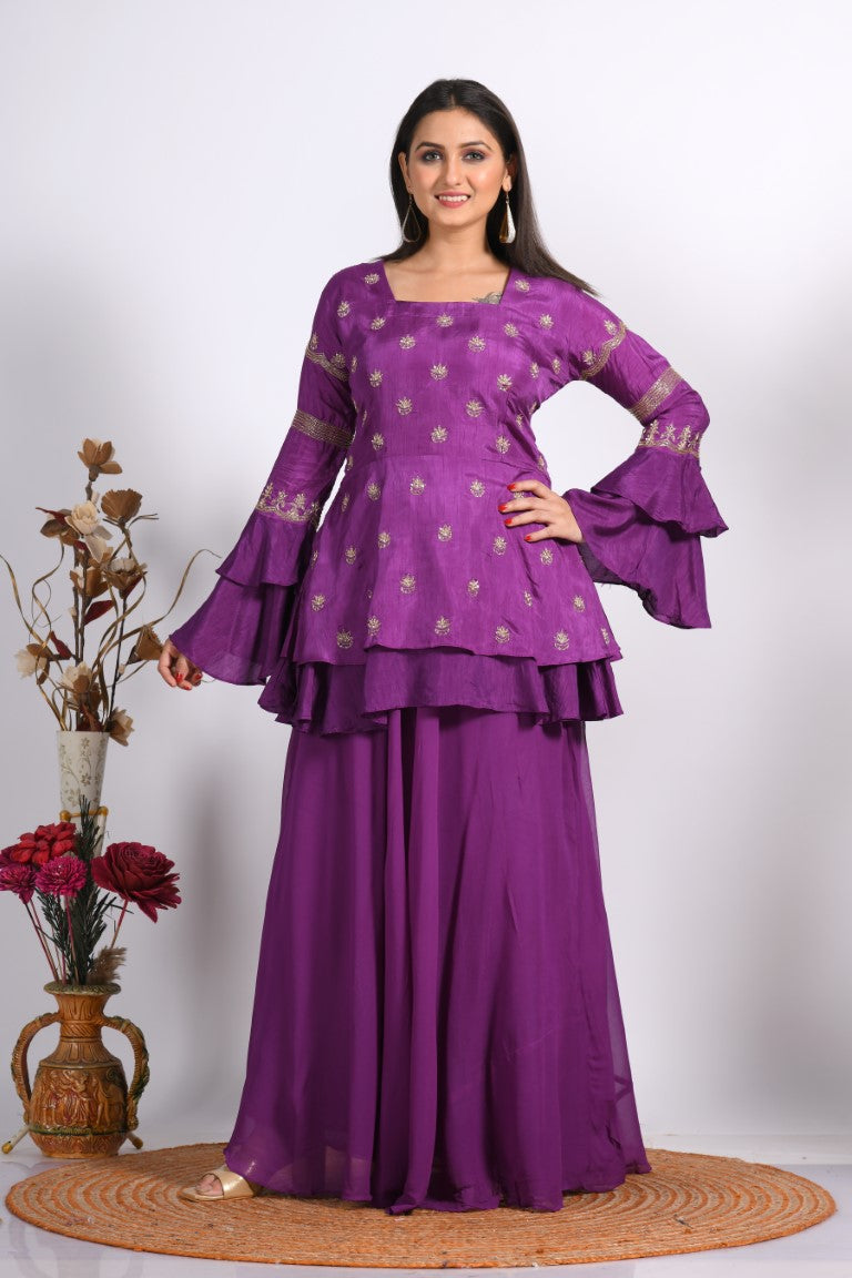Morchari Long Jacket With Skirt & Hand Embroidery - Purple