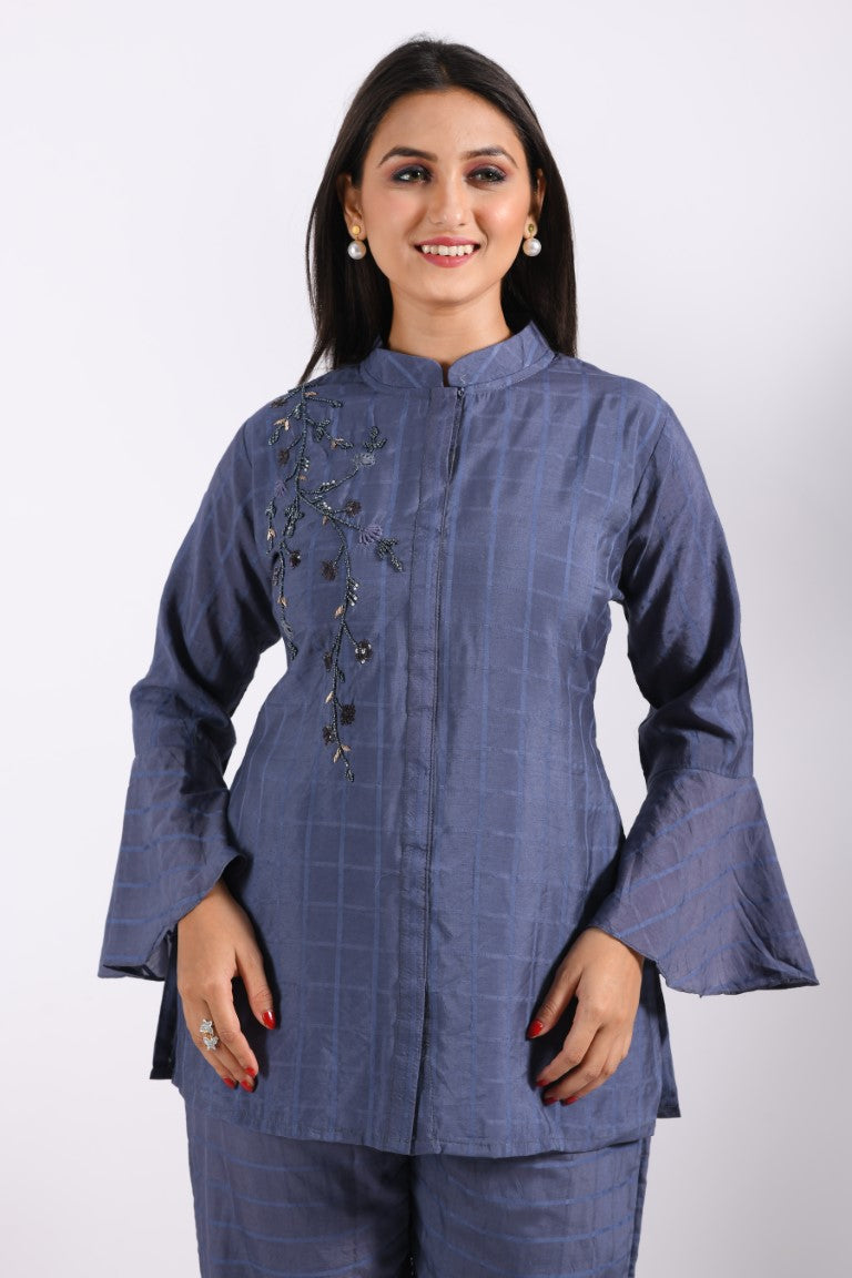Morchari Co Ord Set With Hand Embroidery - Blue