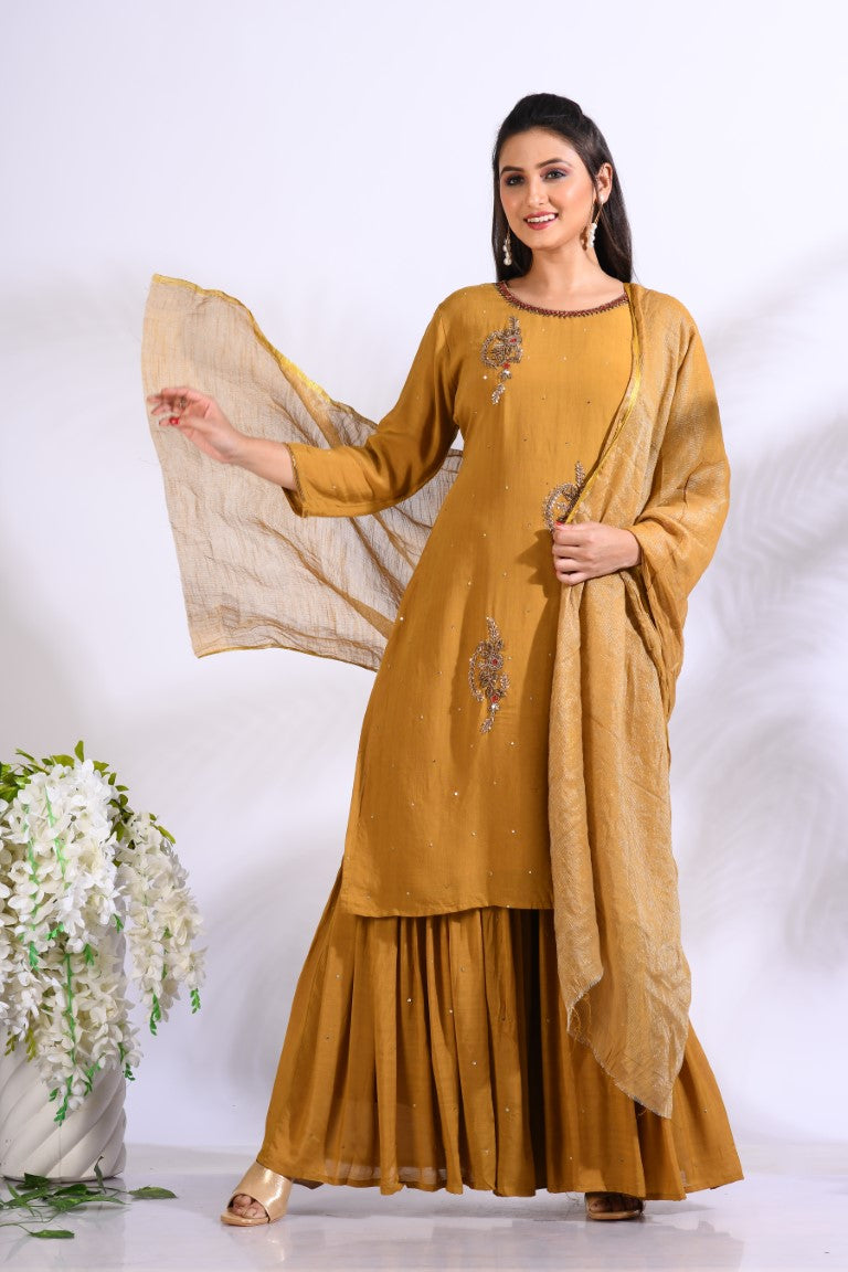 Morchari Sharara With Pant & Dupatta With Hand Embroidery - Mustard
