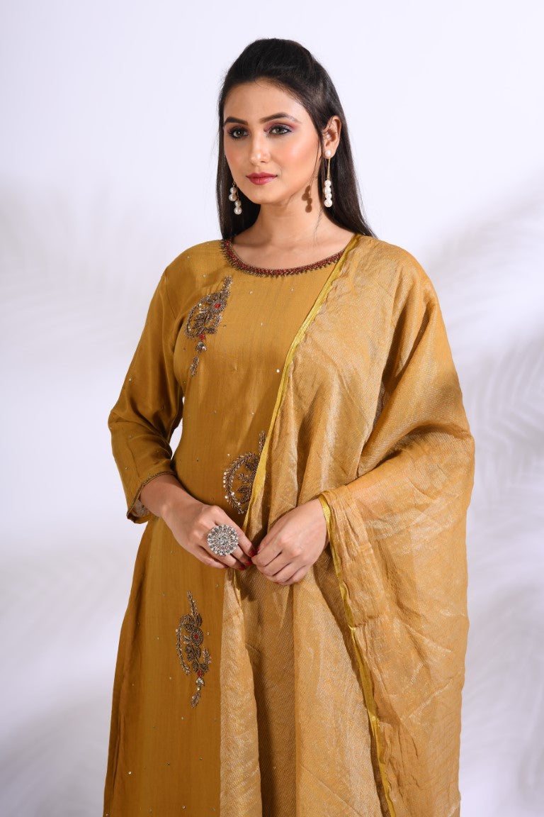 Morchari Sharara With Pant & Dupatta With Hand Embroidery - Mustard