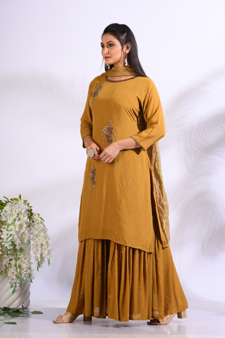 Morchari Sharara With Pant & Dupatta With Hand Embroidery - Mustard