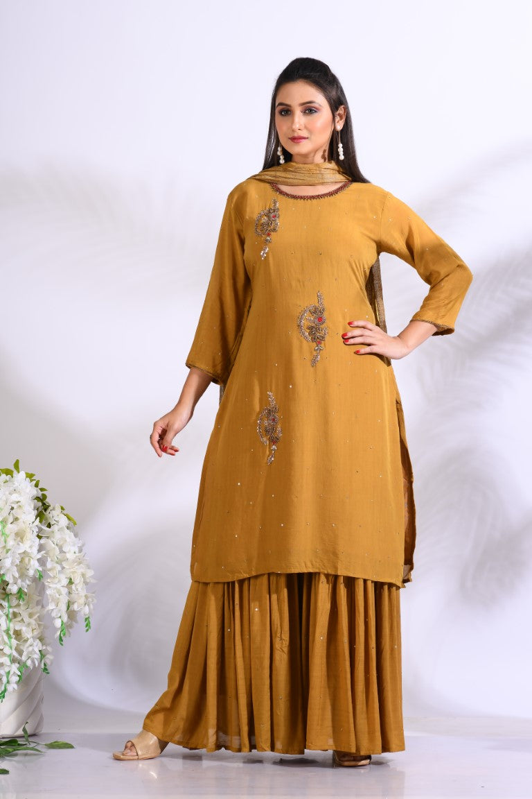 Morchari Sharara With Pant & Dupatta With Hand Embroidery - Mustard