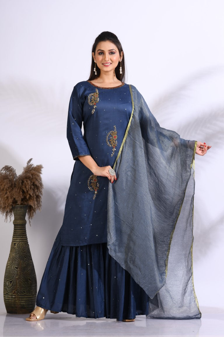 Morchari Sharara With Pant & Dupatta With Hand Embroidery - Blue