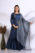 Morchari Sharara With Pant & Dupatta With Hand Embroidery - Blue