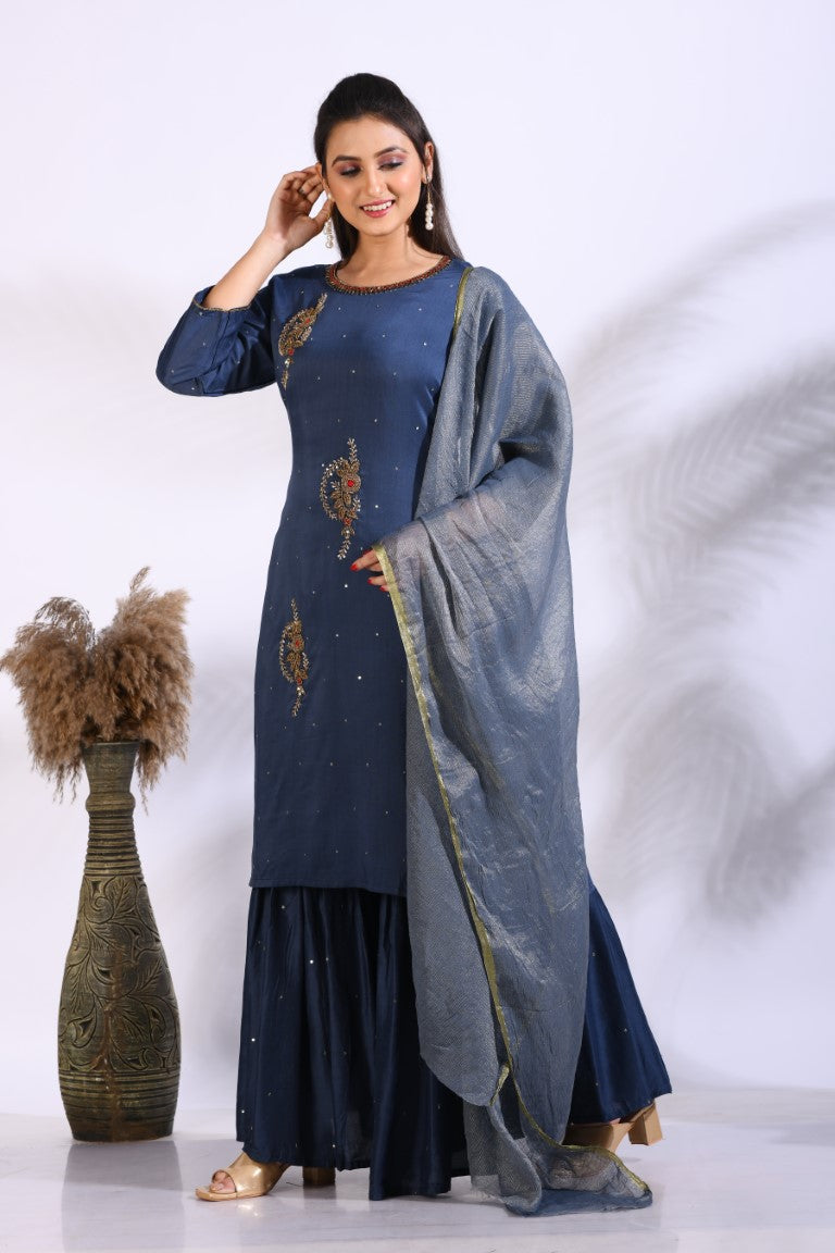 Morchari Sharara With Pant & Dupatta With Hand Embroidery - Blue