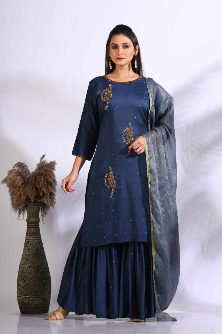 Morchari Sharara With Pant & Dupatta With Hand Embroidery - Blue