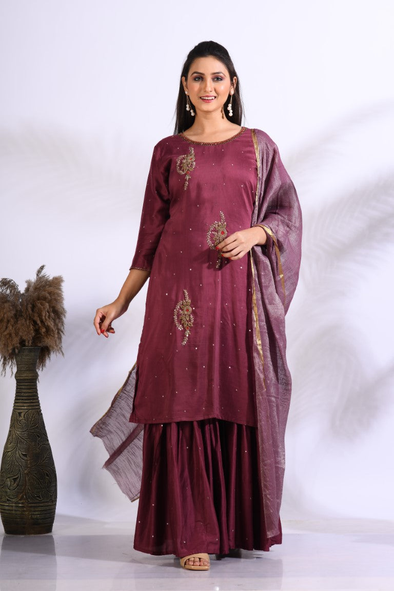 Morchari Sharara With Pant & Dupatta With Hand Embroidery - Maroon