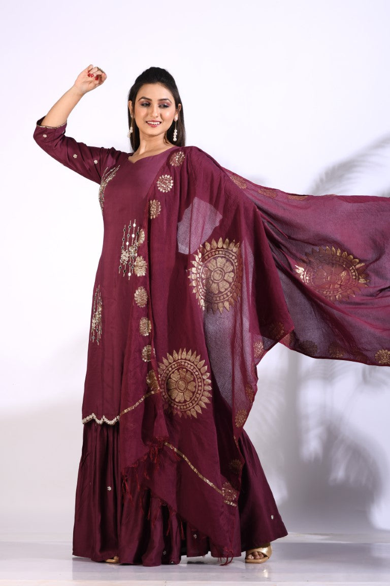 Morchari Sharara With Pant & Dupatta With Hand Embroidery - Maroon