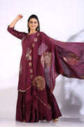 Morchari Sharara With Pant & Dupatta With Hand Embroidery - Maroon