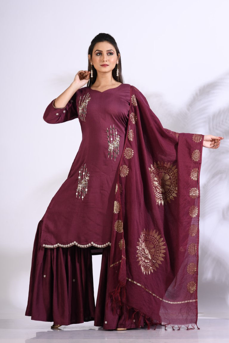 Morchari Sharara With Pant & Dupatta With Hand Embroidery - Maroon
