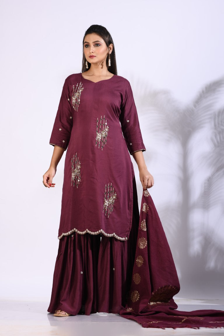 Morchari Sharara With Pant & Dupatta With Hand Embroidery - Maroon