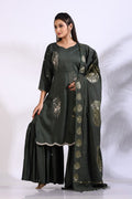 Morchari Sharara With Pant & Dupatta With Hand Embroidery - Green