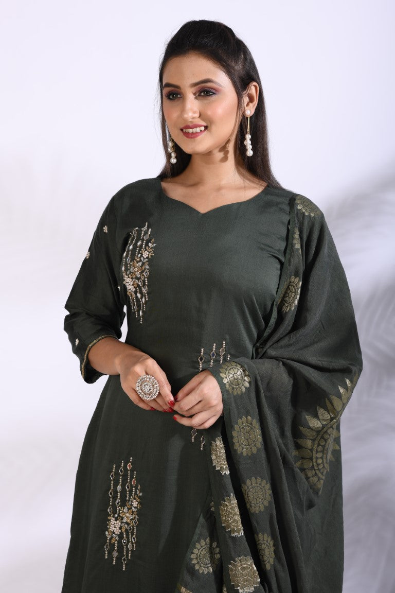Morchari Sharara With Pant & Dupatta With Hand Embroidery - Green