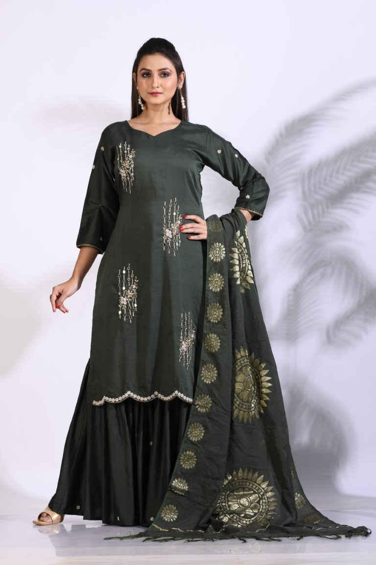 Morchari Sharara With Pant & Dupatta With Hand Embroidery - Green