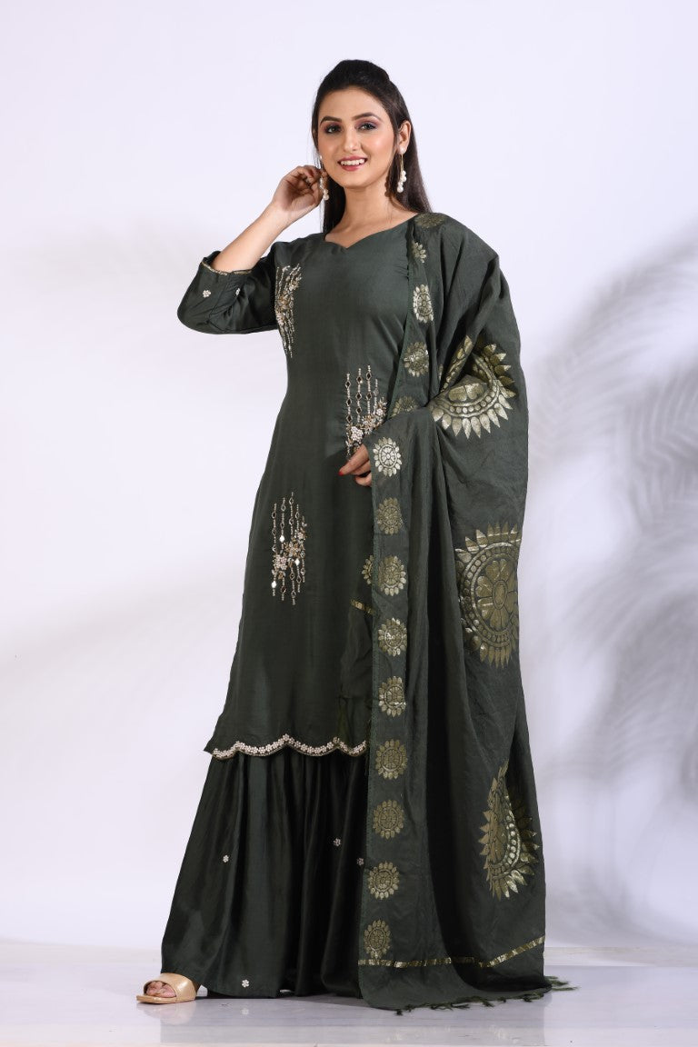 Morchari Sharara With Pant & Dupatta With Hand Embroidery - Green