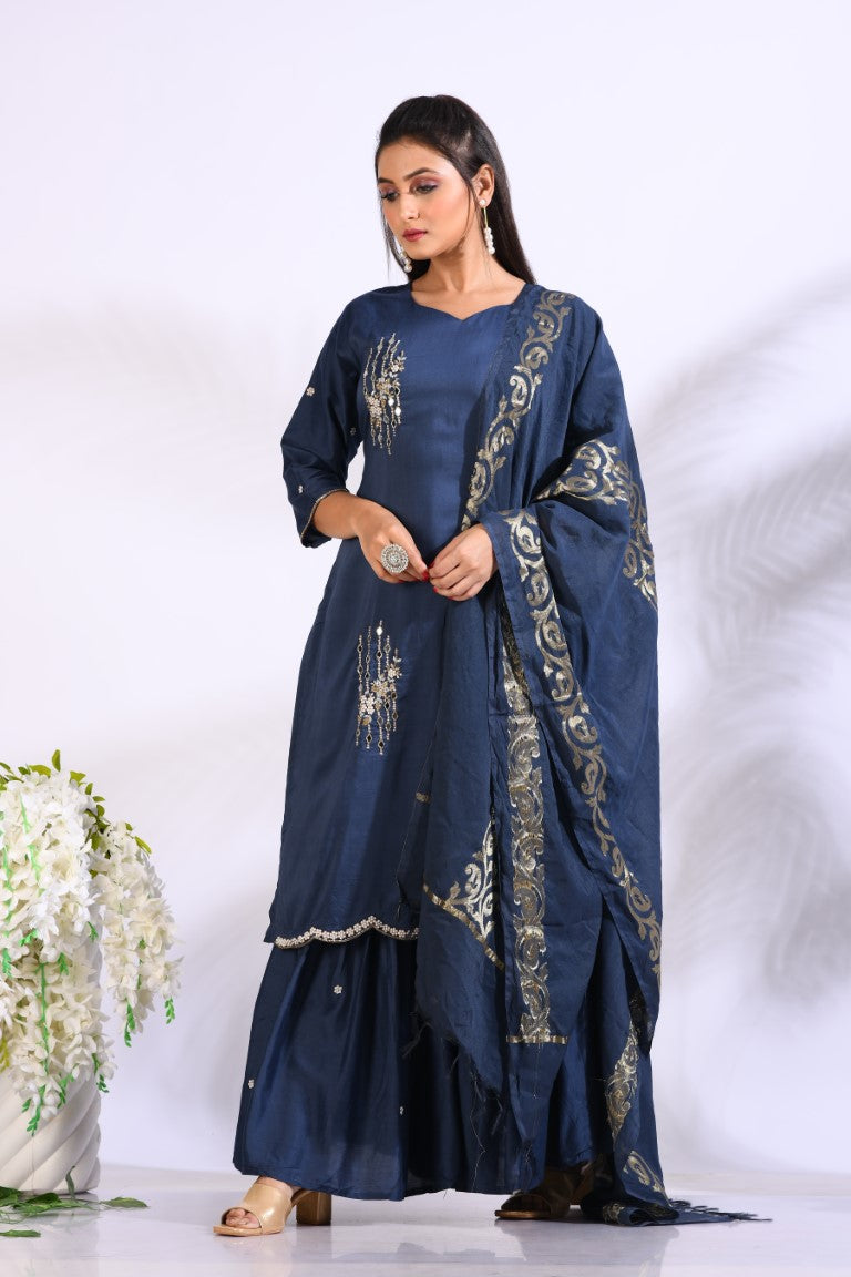 Morchari Sharara With Pant & Dupatta With Hand Embroidery - Blue