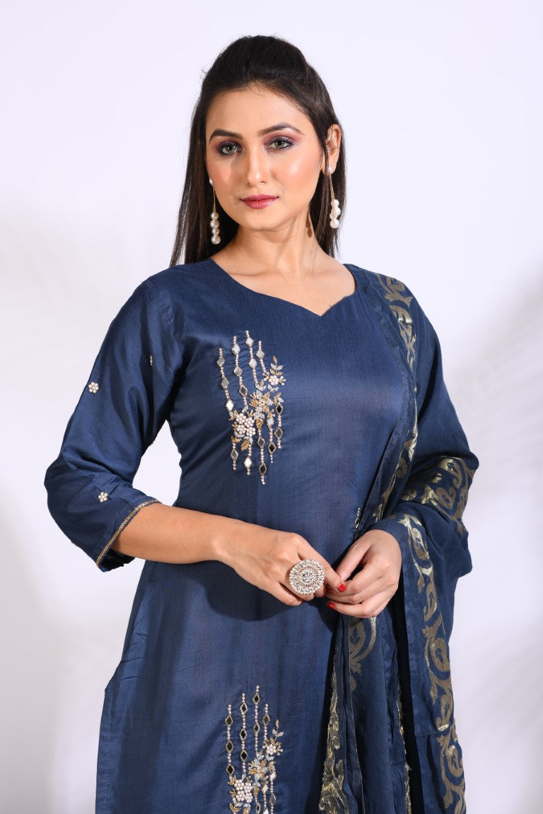 Morchari Sharara With Pant & Dupatta With Hand Embroidery - Blue