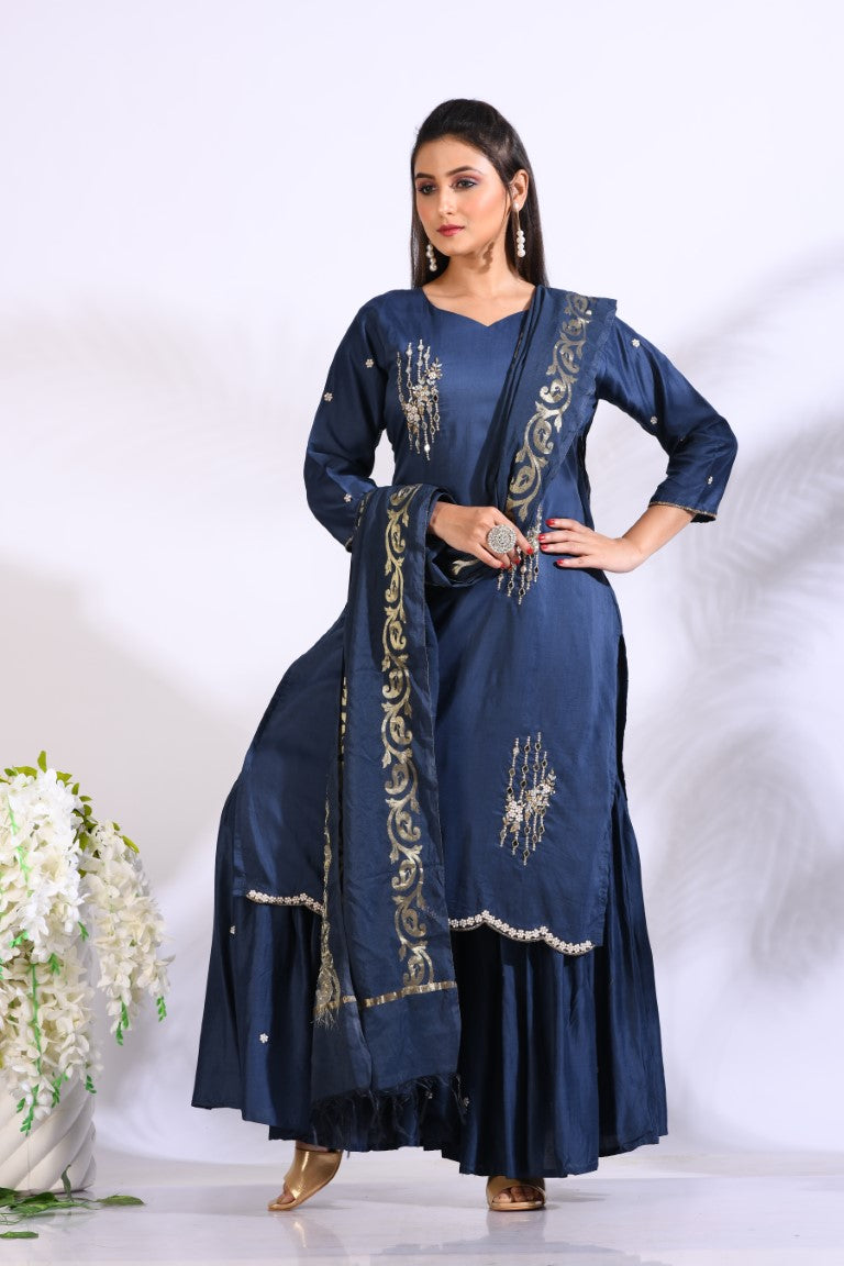 Morchari Sharara With Pant & Dupatta With Hand Embroidery - Blue
