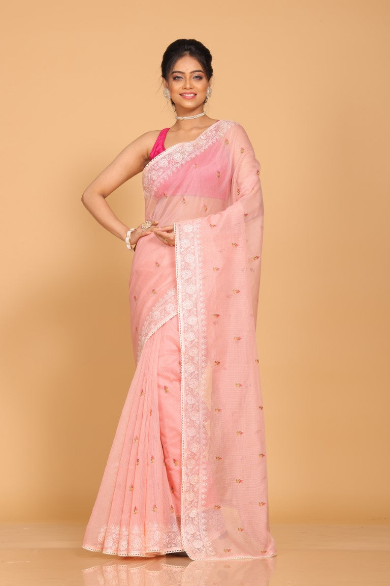 Morchari Cotton Supernet Embroiedery Saree - Peach