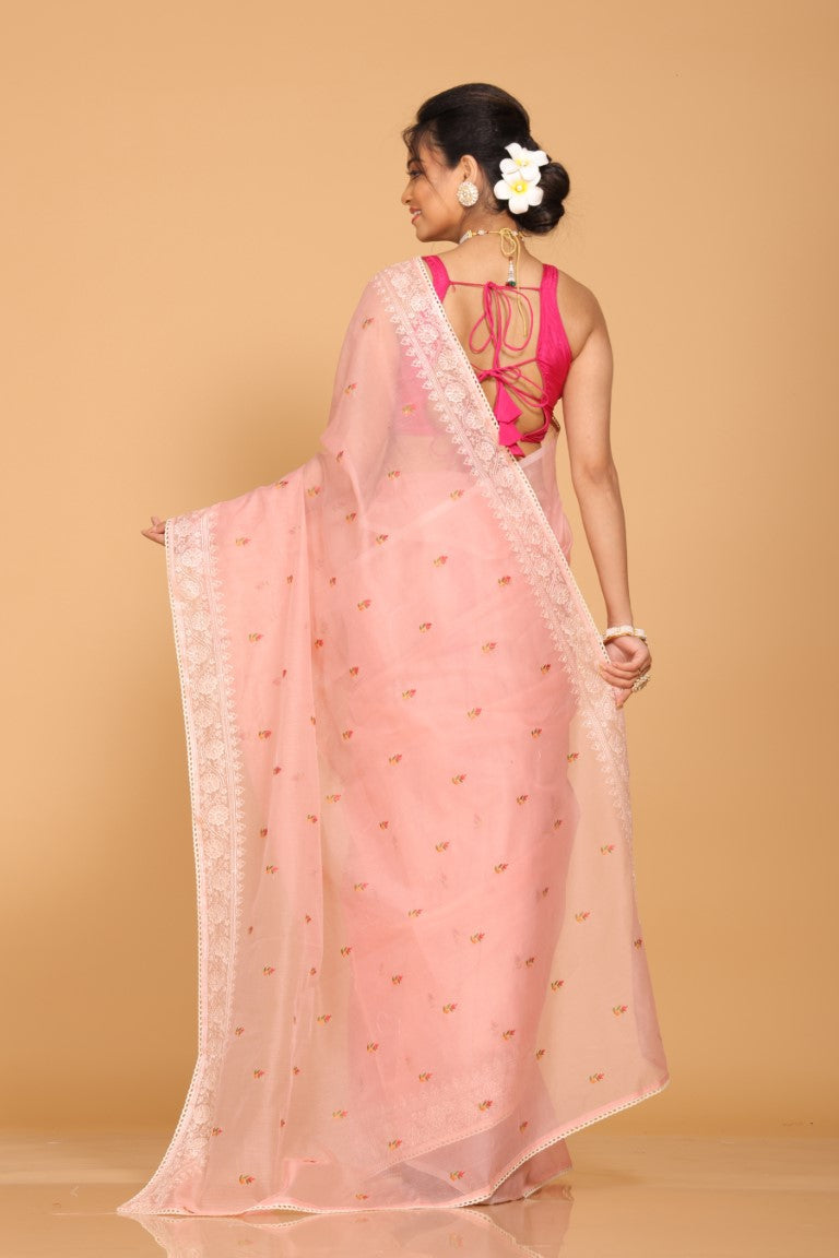 Morchari Cotton Supernet Embroiedery Saree - Peach
