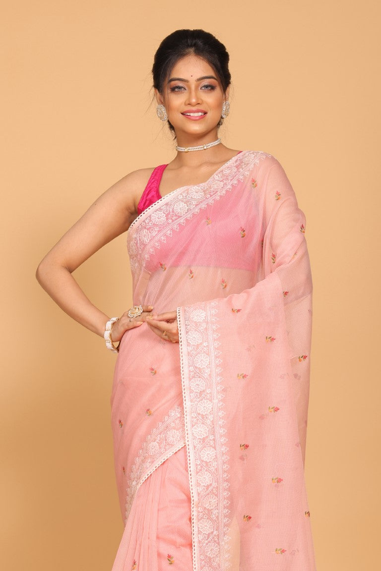Morchari Cotton Supernet Embroiedery Saree - Peach