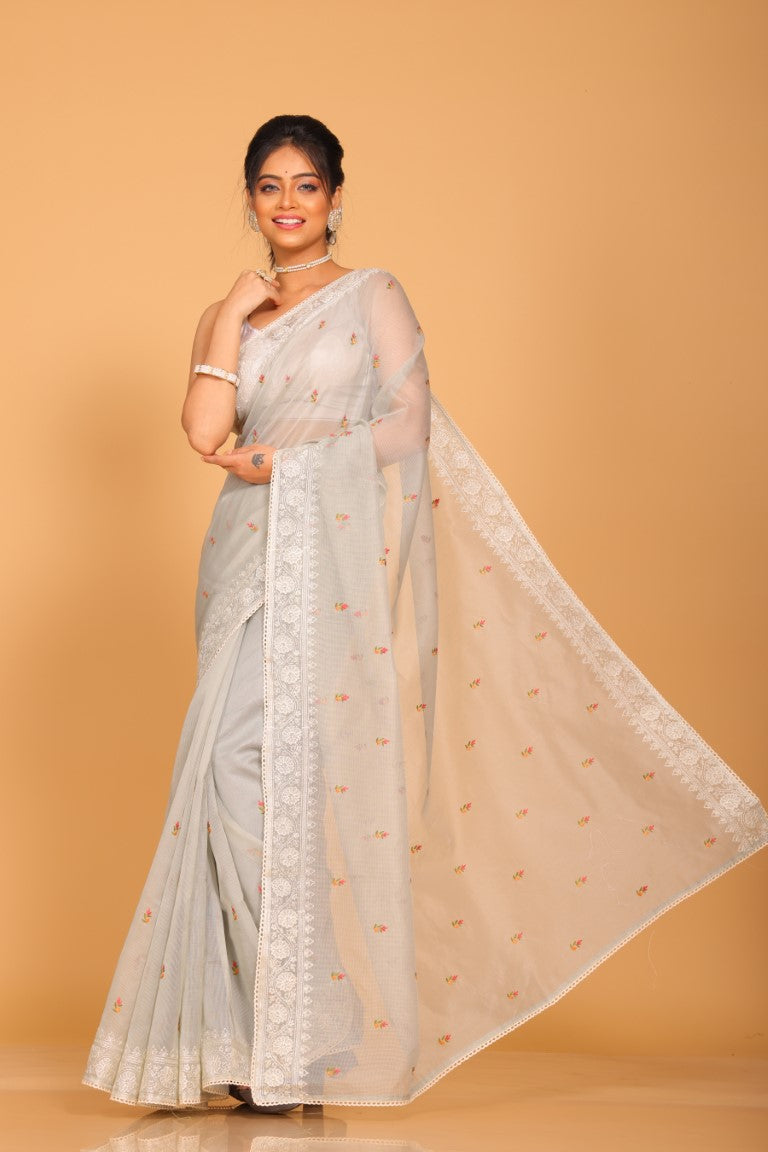 Morchari Cotton Supernet Embroiedery Saree - Grey