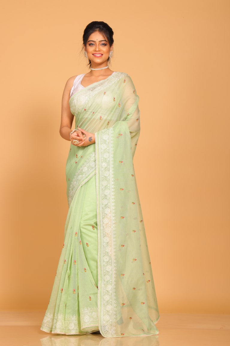 Morchari Cotton Supernet Embroiedery Saree - Green
