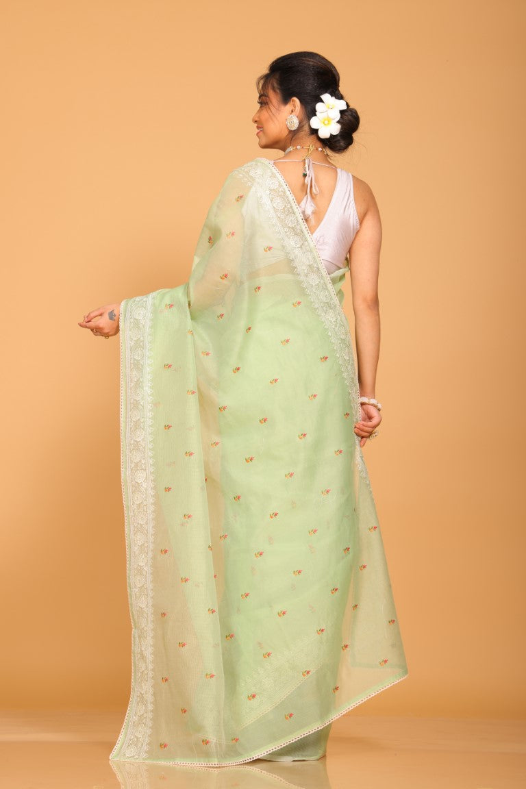 Morchari Cotton Supernet Embroiedery Saree - Green