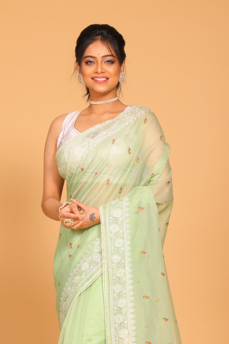 Morchari Cotton Supernet Embroiedery Saree - Green