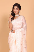 Morchari Cotton Supernet Embroiedery Saree - Light Peach