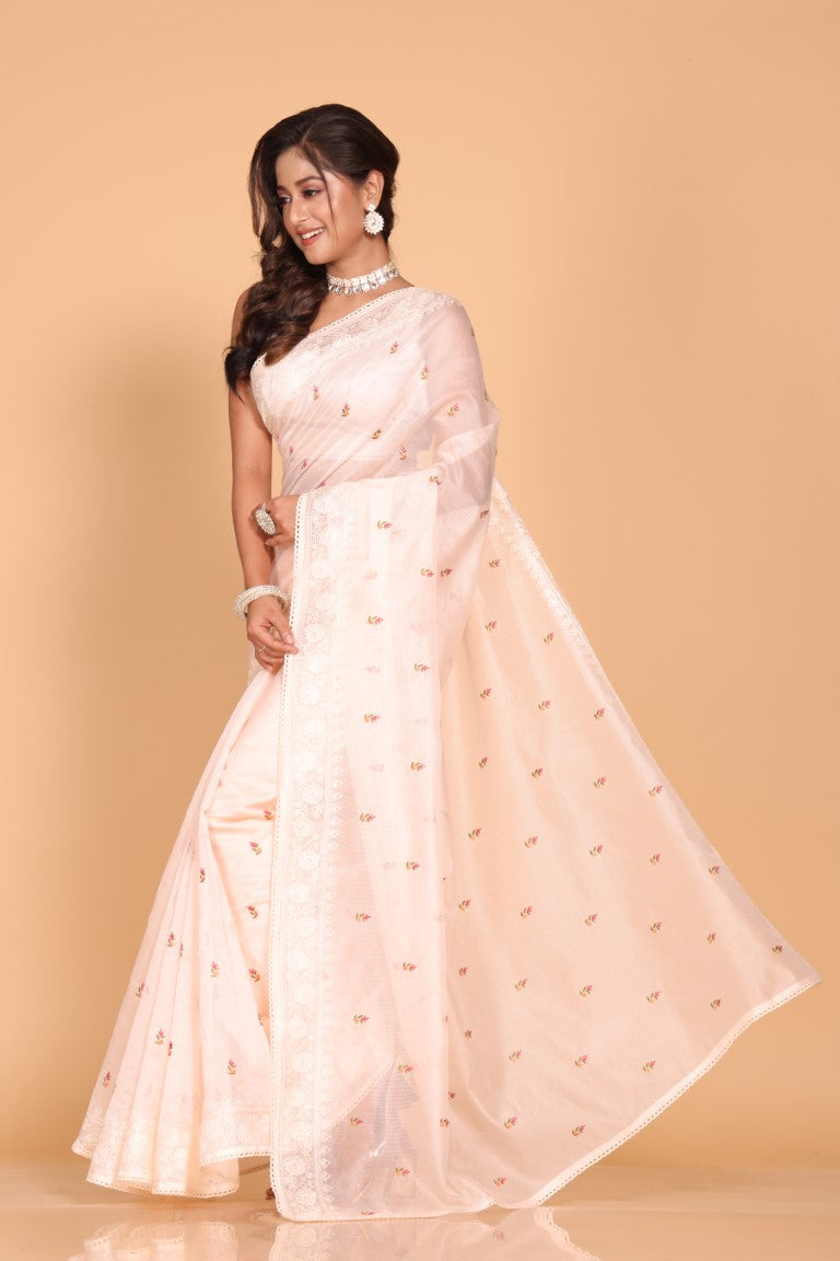Morchari Cotton Supernet Embroiedery Saree - Light Peach