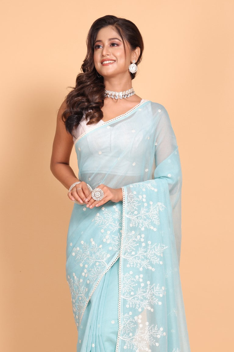 Morchari Cotton Supernet Embroiedery Saree - Sky Blue
