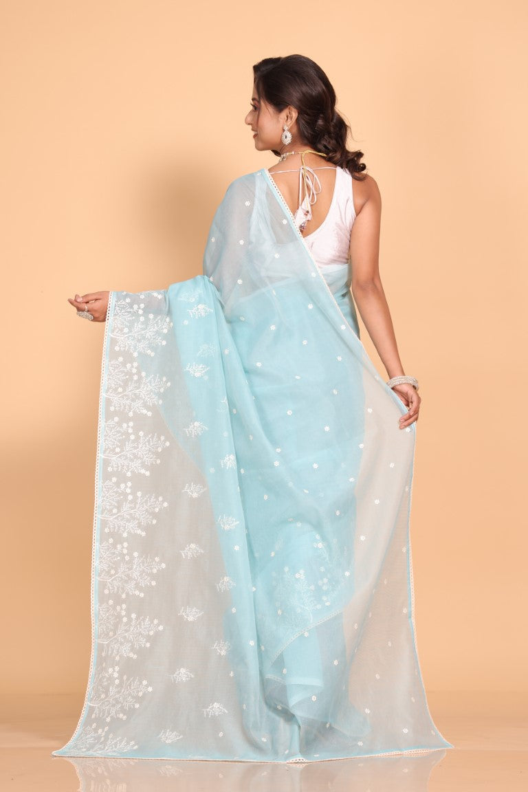 Morchari Cotton Supernet Embroiedery Saree - Sky Blue