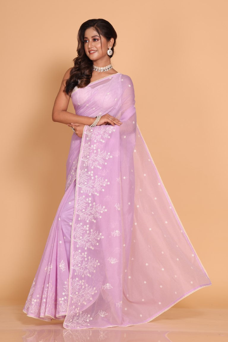 Morchari Cotton Supernet Embroiedery Saree - Purple