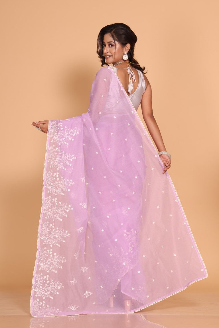 Morchari Cotton Supernet Embroiedery Saree - Purple