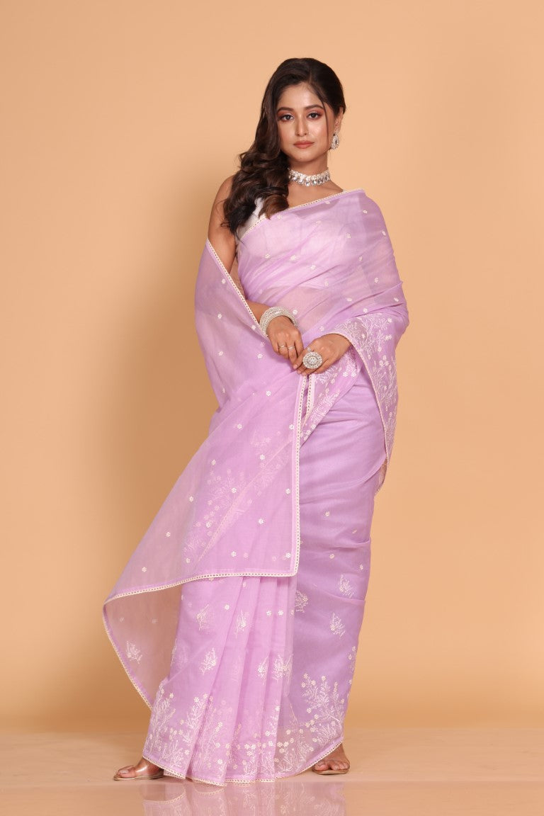 Morchari Cotton Supernet Embroiedery Saree - Purple