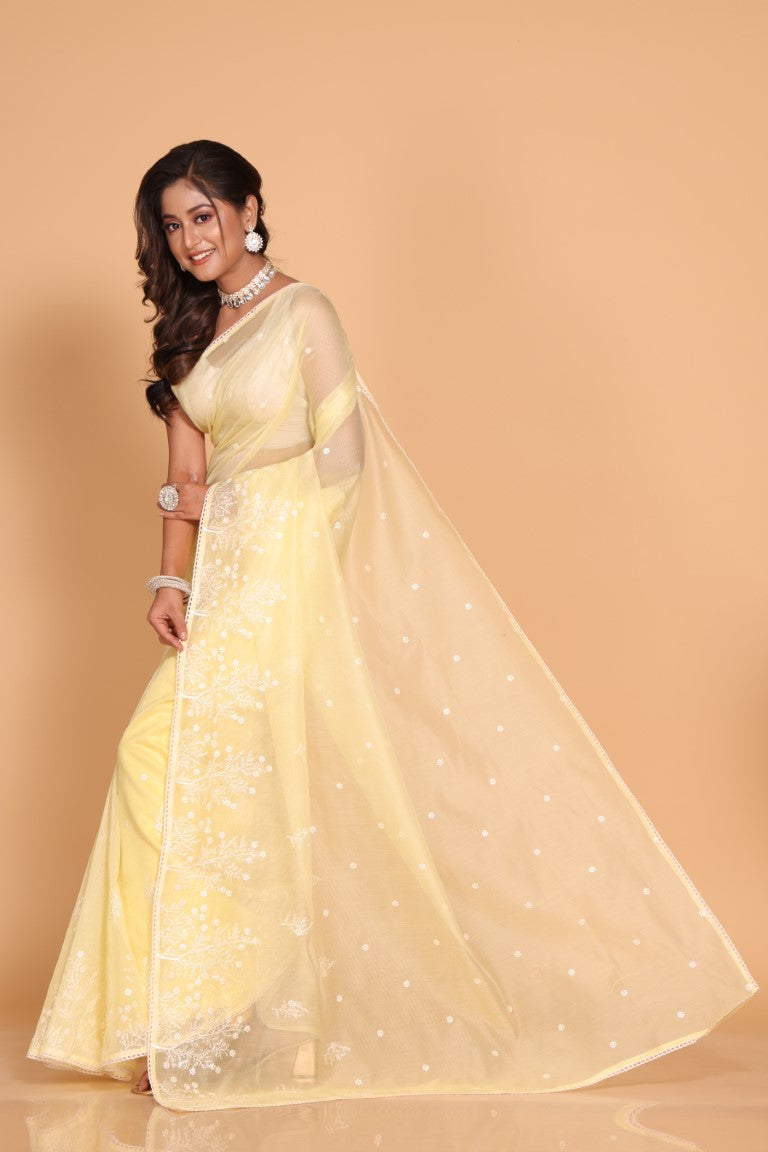 Morchari Cotton Supernet Embroiedery Saree - Yellow