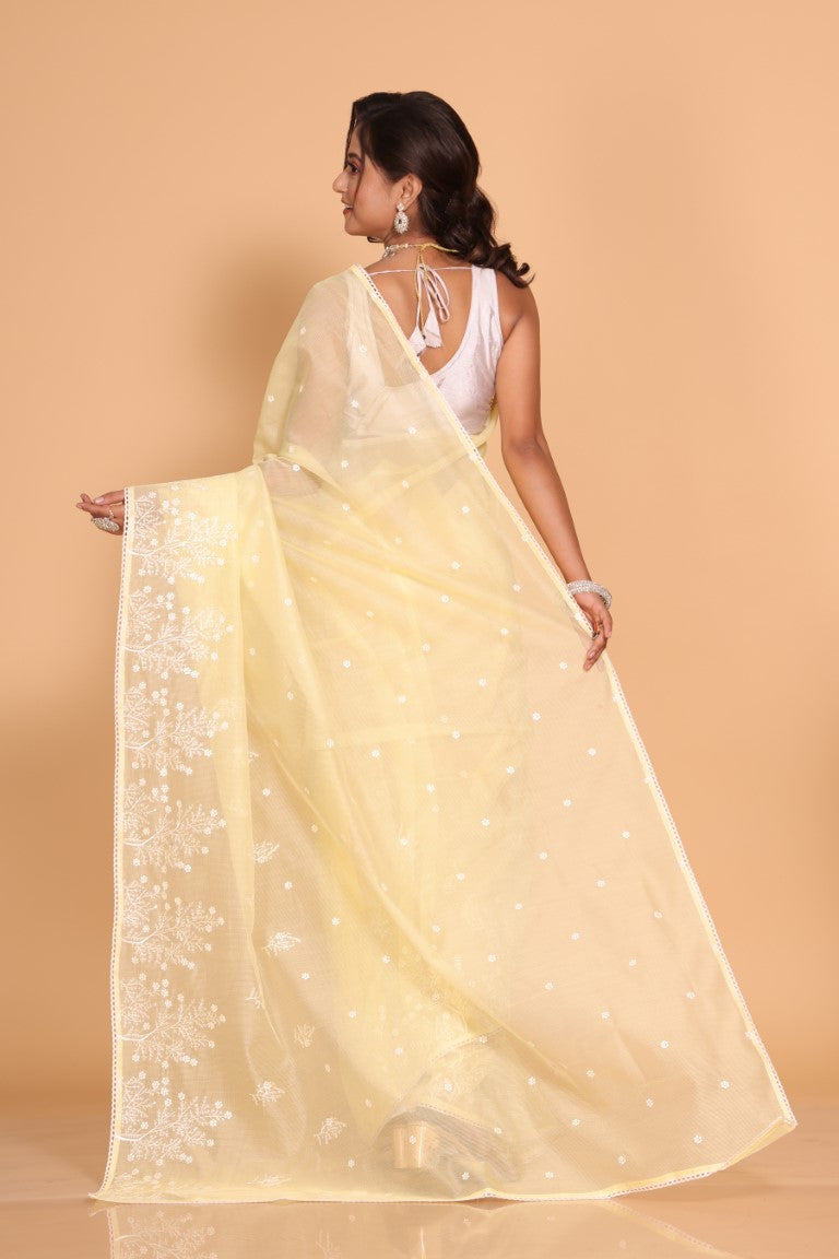 Morchari Cotton Supernet Embroiedery Saree - Yellow
