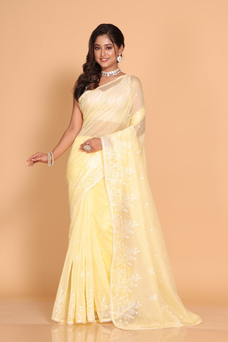 Morchari Cotton Supernet Embroiedery Saree - Yellow