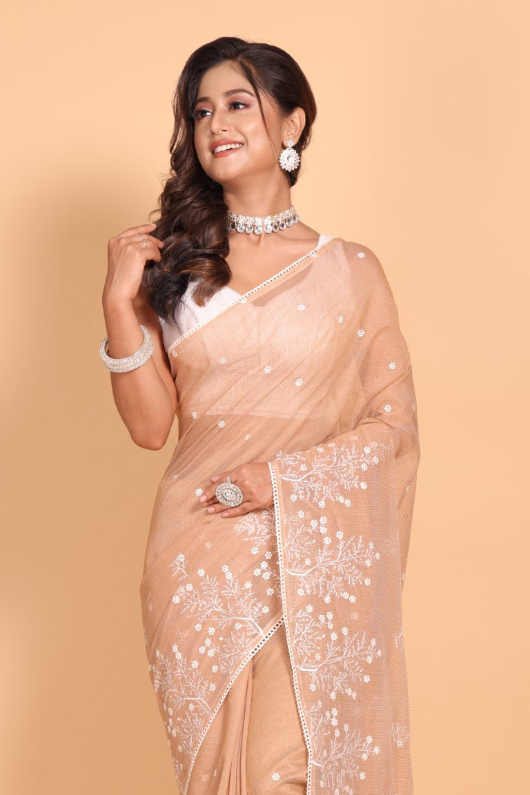 Morchari Cotton Supernet Embroiedery Saree - Brown