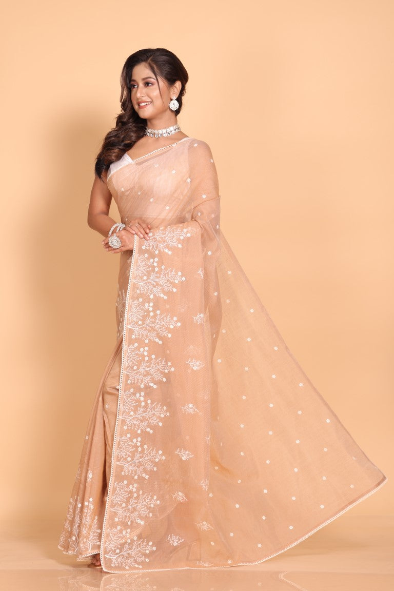 Morchari Cotton Supernet Embroiedery Saree - Brown
