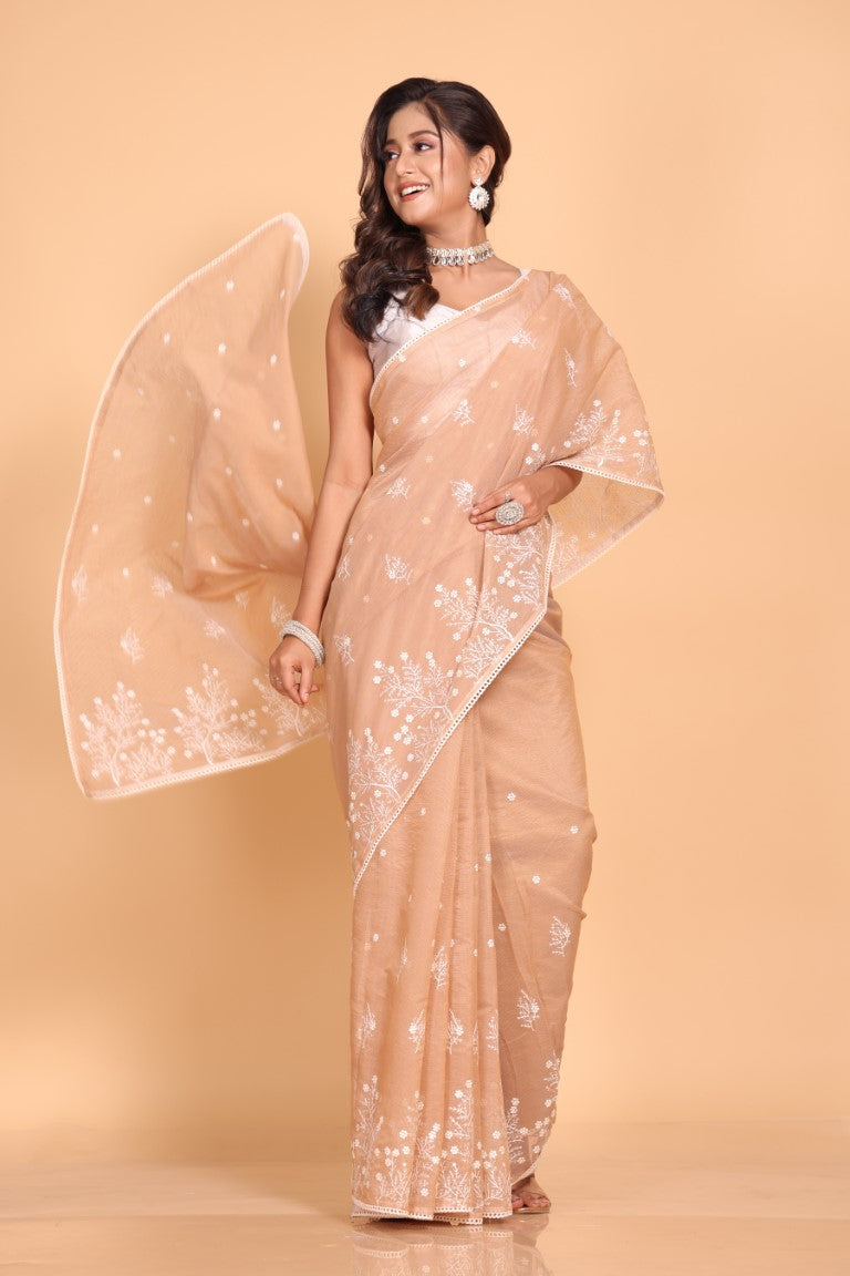 Morchari Cotton Supernet Embroiedery Saree - Brown