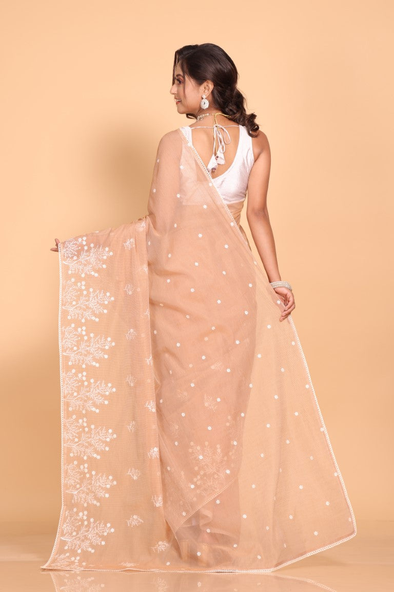 Morchari Cotton Supernet Embroiedery Saree - Brown