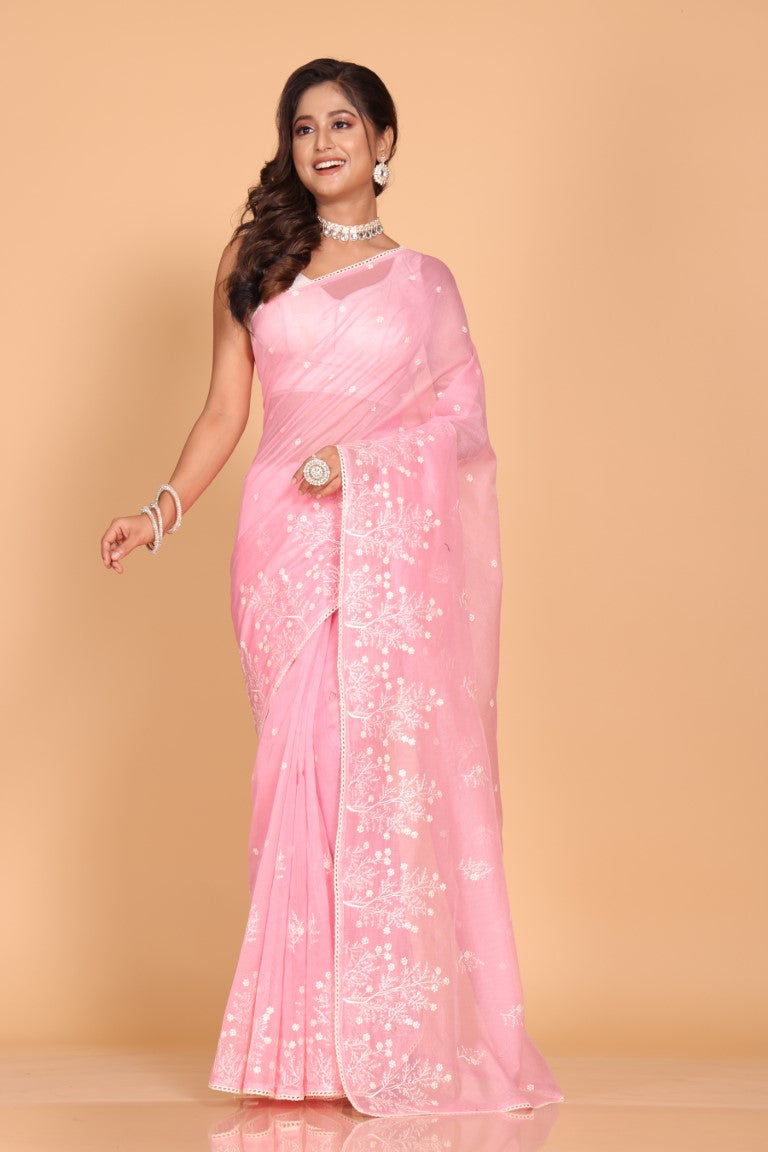Morchari Cotton Supernet Embroiedery Saree - Pink