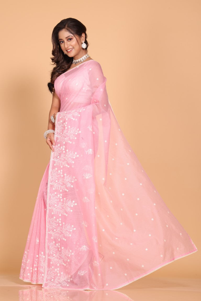 Morchari Cotton Supernet Embroiedery Saree - Pink