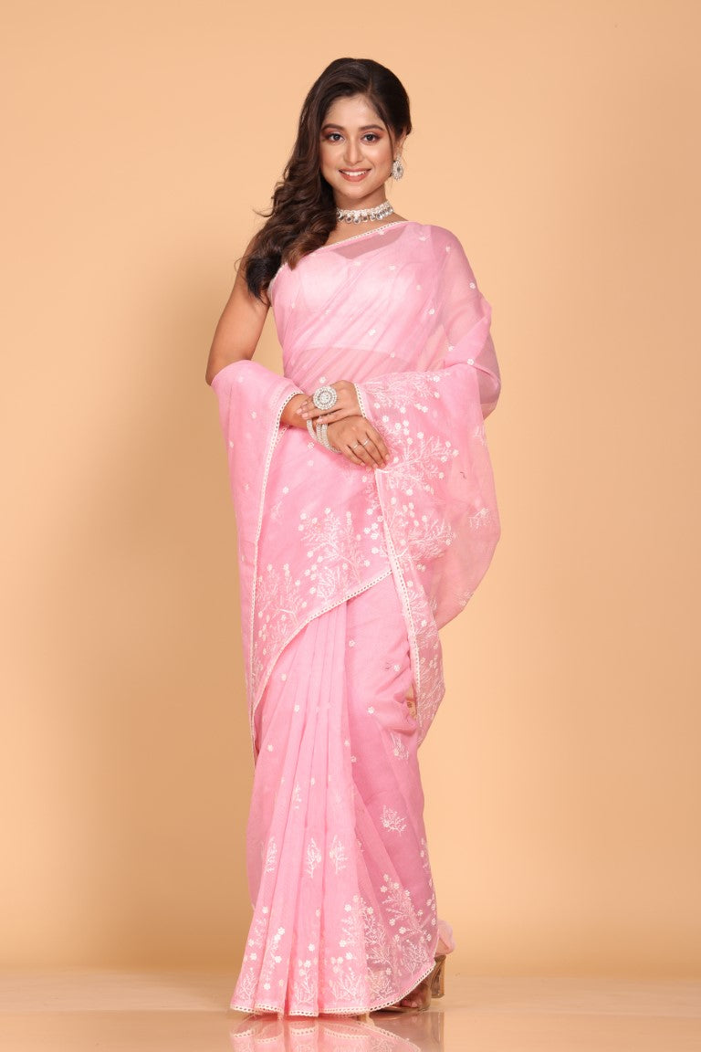 Morchari Cotton Supernet Embroiedery Saree - Pink