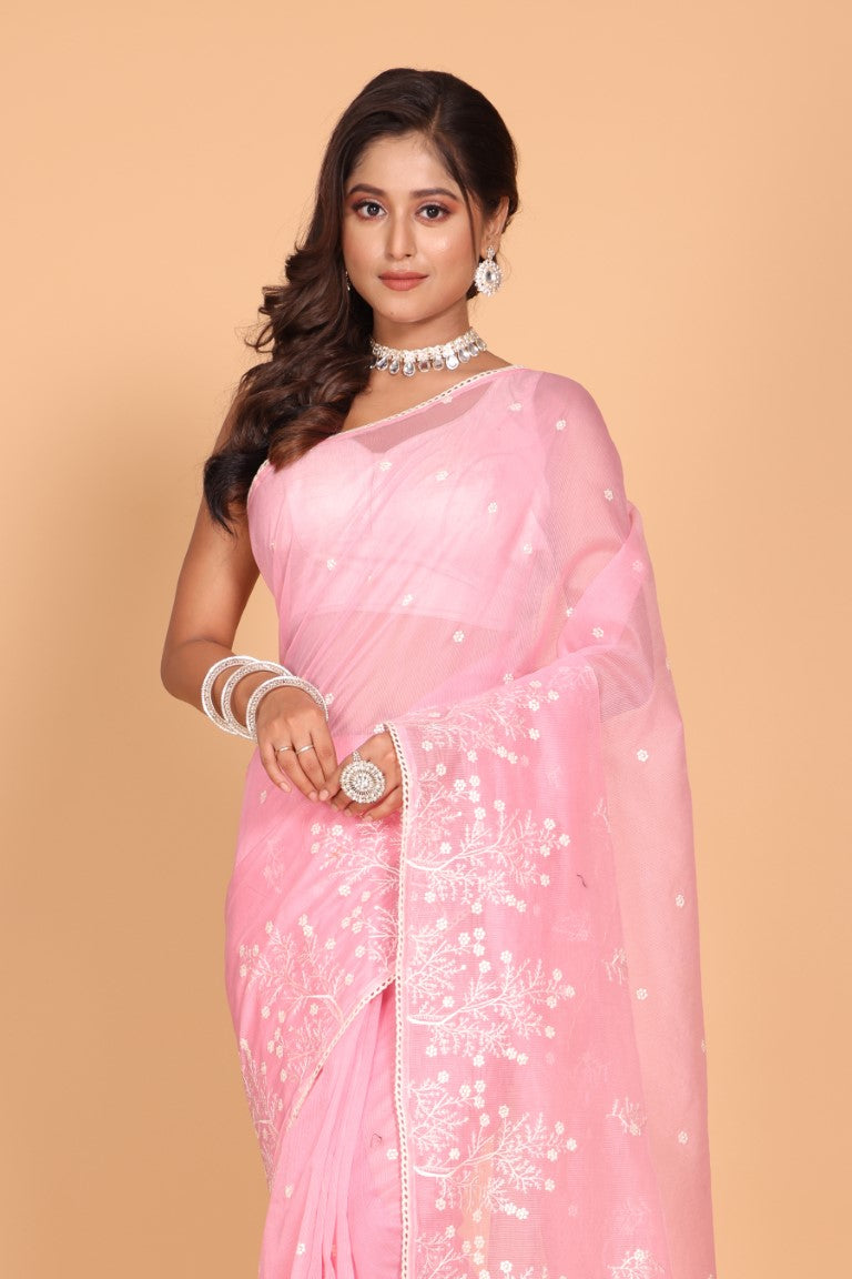 Morchari Cotton Supernet Embroiedery Saree - Pink