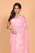 Morchari Cotton Supernet Embroiedery Saree - Pink